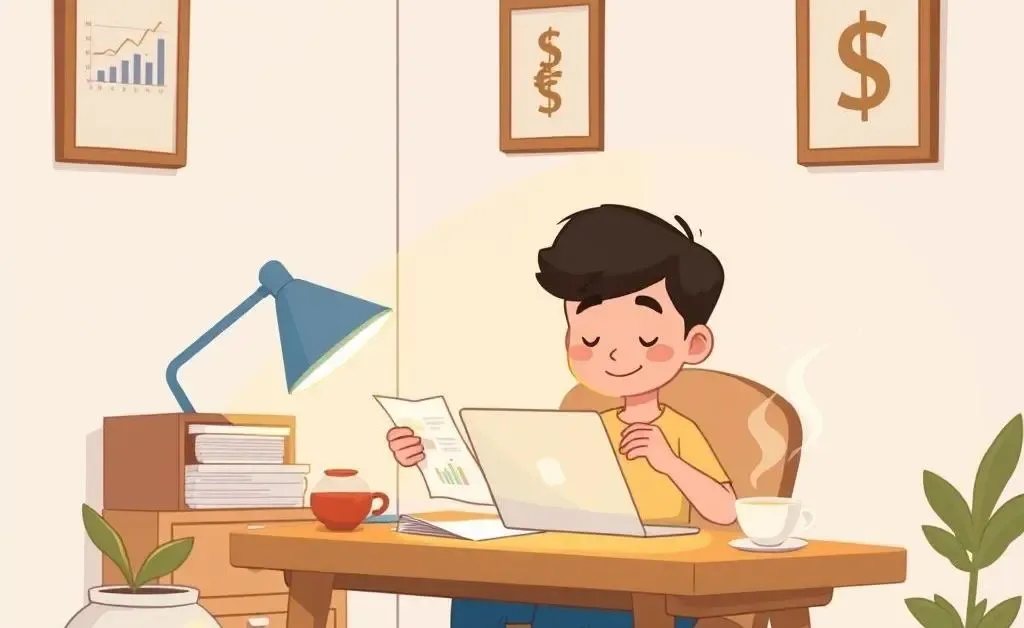 A serene, cartoon-style image of a relaxing scene with someone calmly reviewing finances