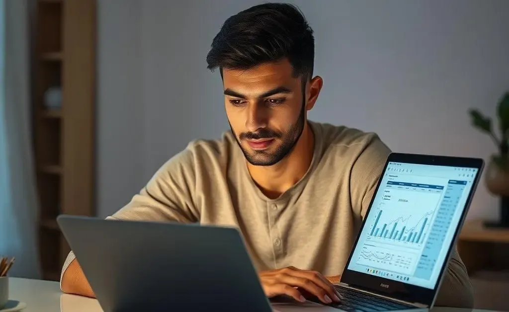 Relaxed individual with a thoughtful expression planning finances on a laptop.