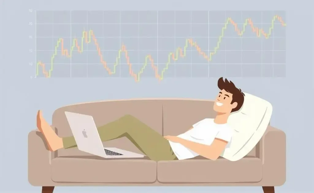 Person relaxing with a laptop, financial planning graphs in the background