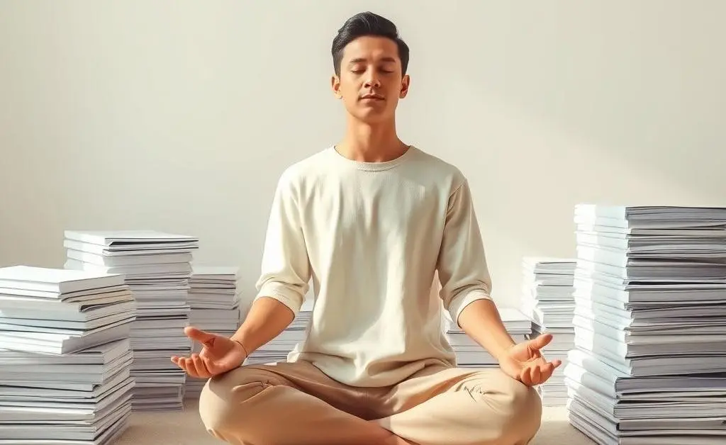 A person meditating with stacks of legal documents peacefully organized.