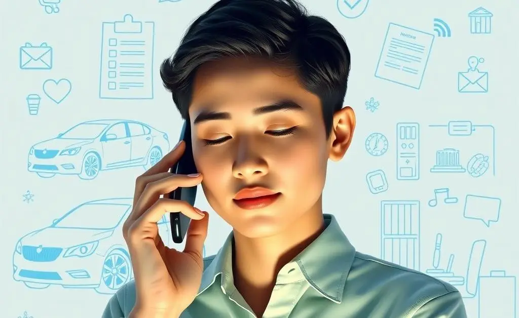 Calm person on the phone with insurance-related icons