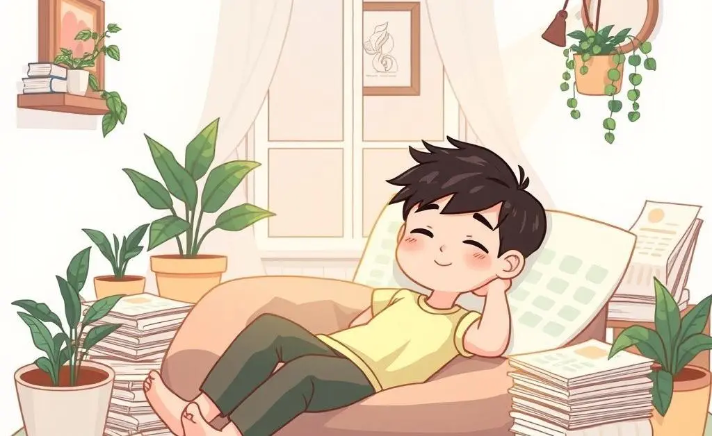 A cartoon-style person lounging in a peaceful setting with financial papers