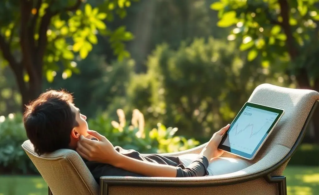 A relaxing scene with a person lounging on a chair holding a tablet, depicting stress-free investing.