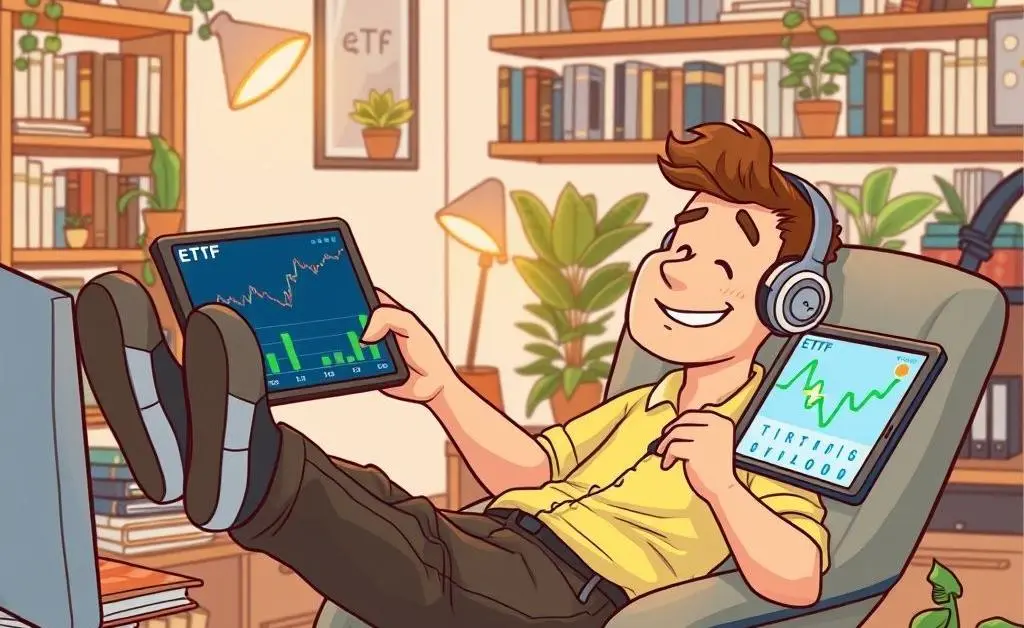 Cartoon of a relaxed investor, feet up on desk, listening to music while checking ETF updates.