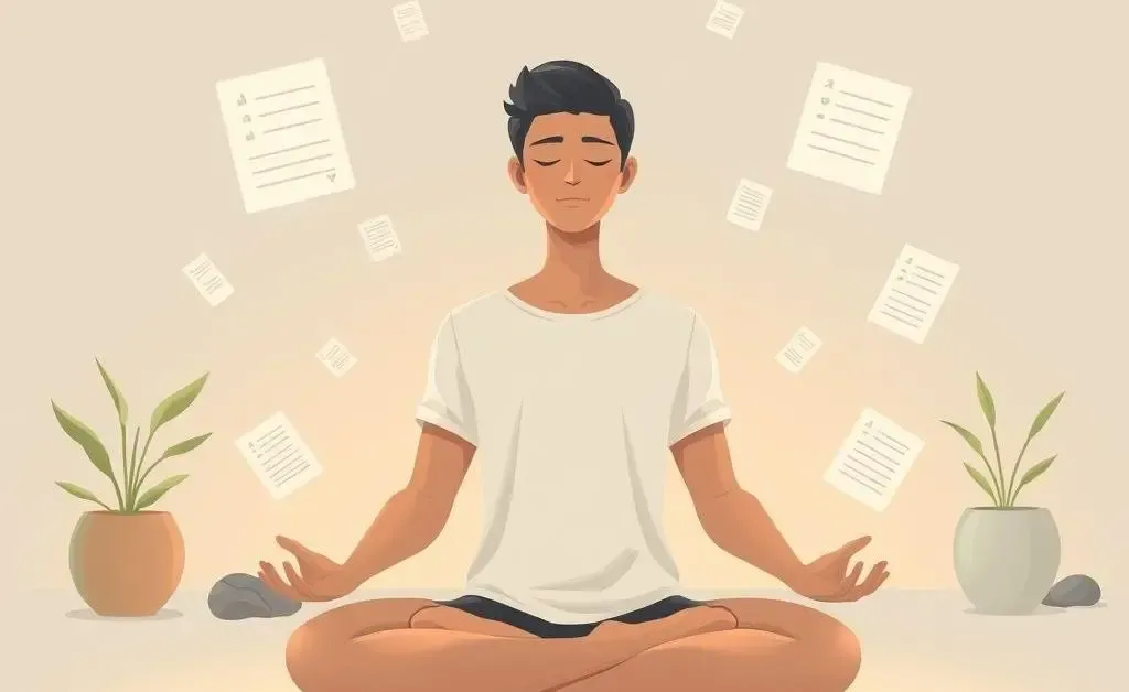 A calm person meditating, surrounded by floating tasks and reminders