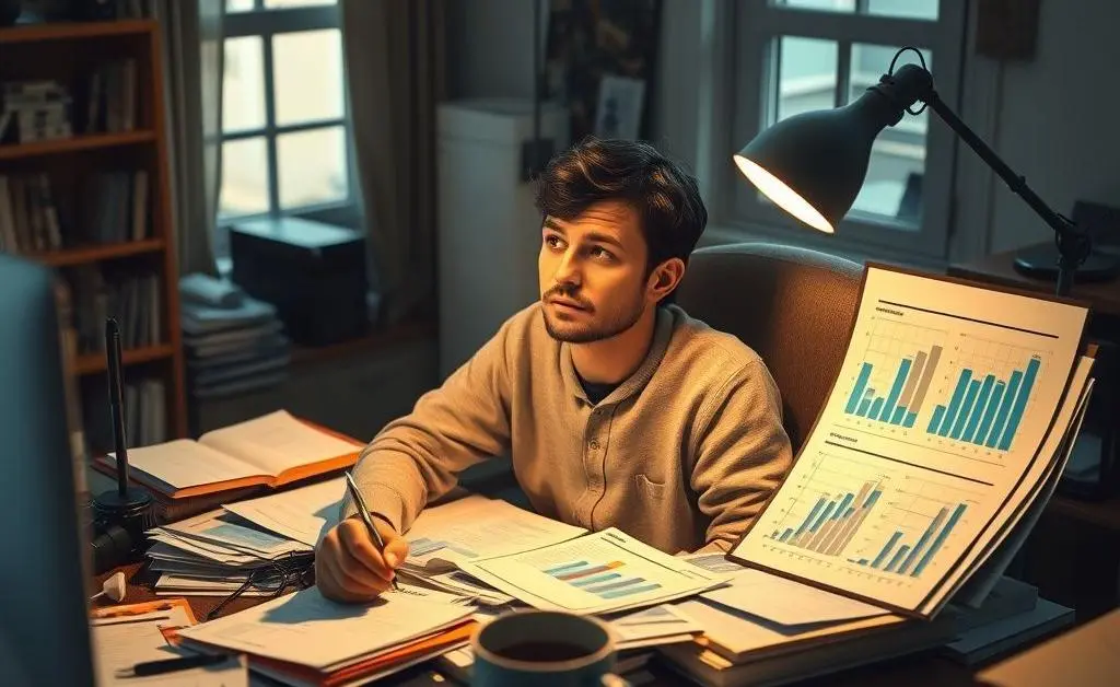 A depiction of a relaxed individual planning their mortgage on a desk with charts and coffee cup
