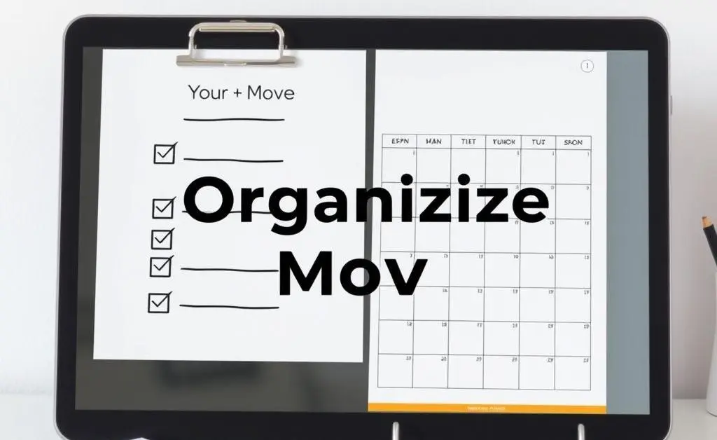 Modern minimalist image of a checklist and calendar on a desk, symbolizing organizing a move.