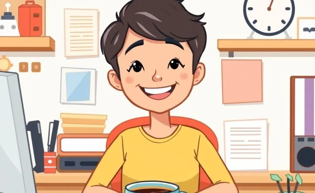 A cartoon-style image of a person smiling at a clutter-free desk with a cup of coffee.