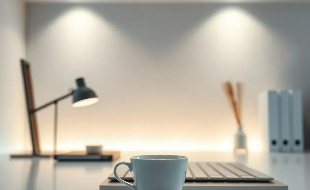 An office desk with minimal decoration, soft lighting, and a cup of herbal tea
