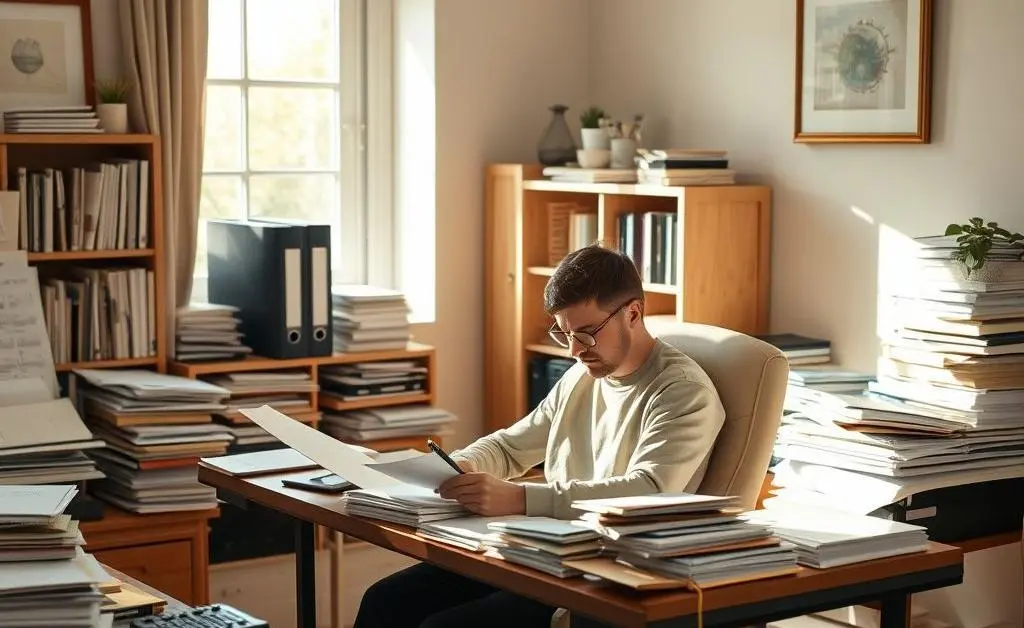 A relaxed person organizing documents at home, illustrating stress-free court preparation