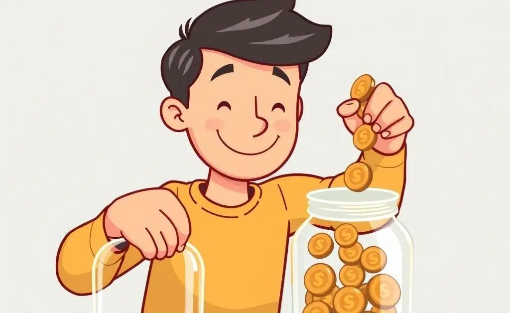 A person putting coins into a savings jar cheerfully