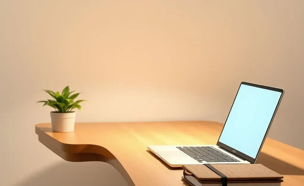 Minimalist desk setup with a laptop, plant, and notebook
