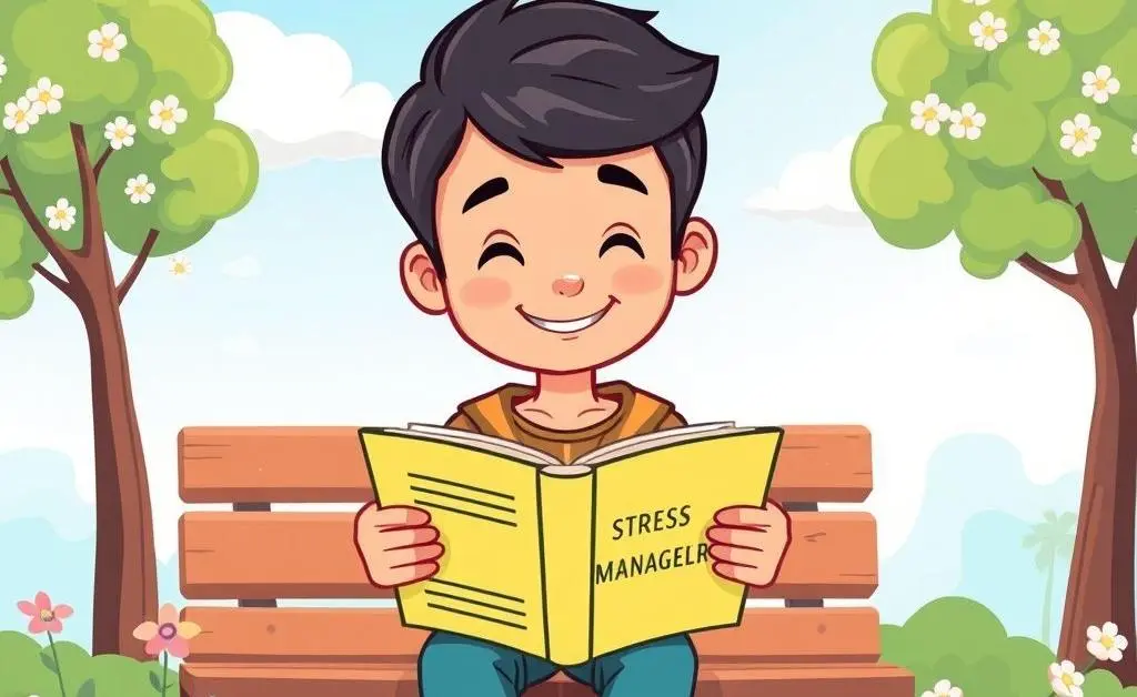 A person reading a stress management book with a peaceful background