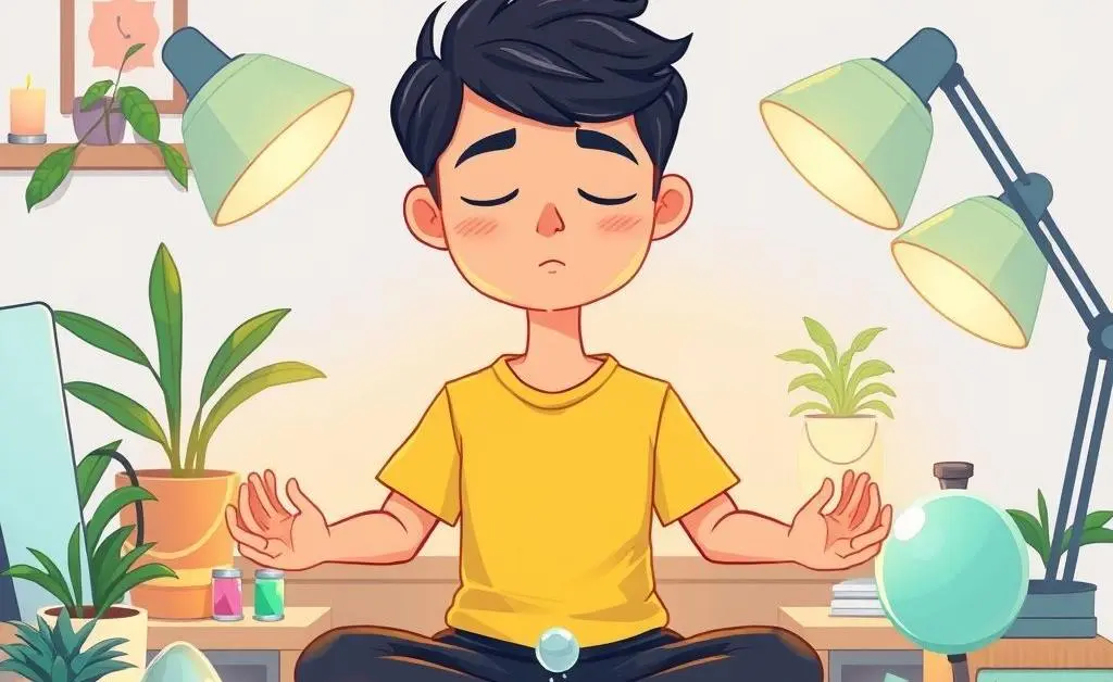 Person meditating at desk with stress-relief items