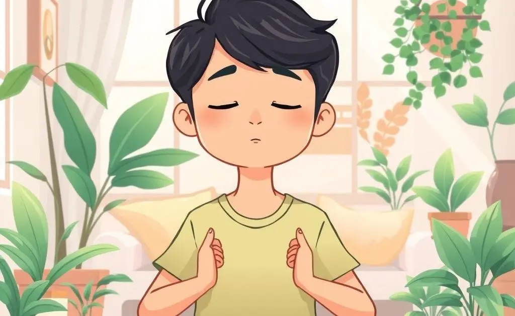 Cartoon-style image showing a person practicing stress management techniques with calming elements like plants