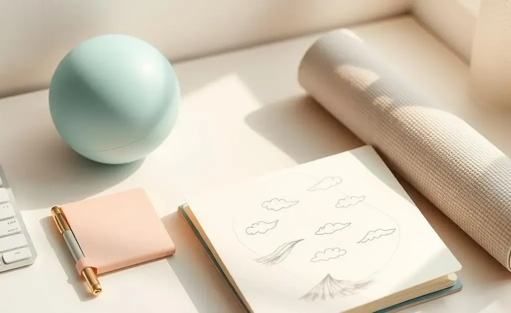 A tidy desk with various stress management tools like a stress ball, yoga mat, and a notebook with clouds and waves drawn on it.