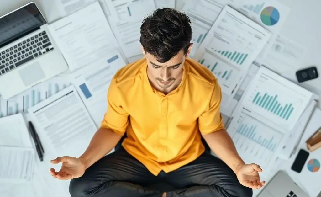 A person meditating amidst financial documents and a laptop, symbolizing stress management in financial decision-making.
