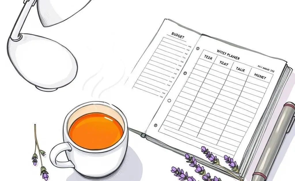 Illustration of an organized desk with calming elements