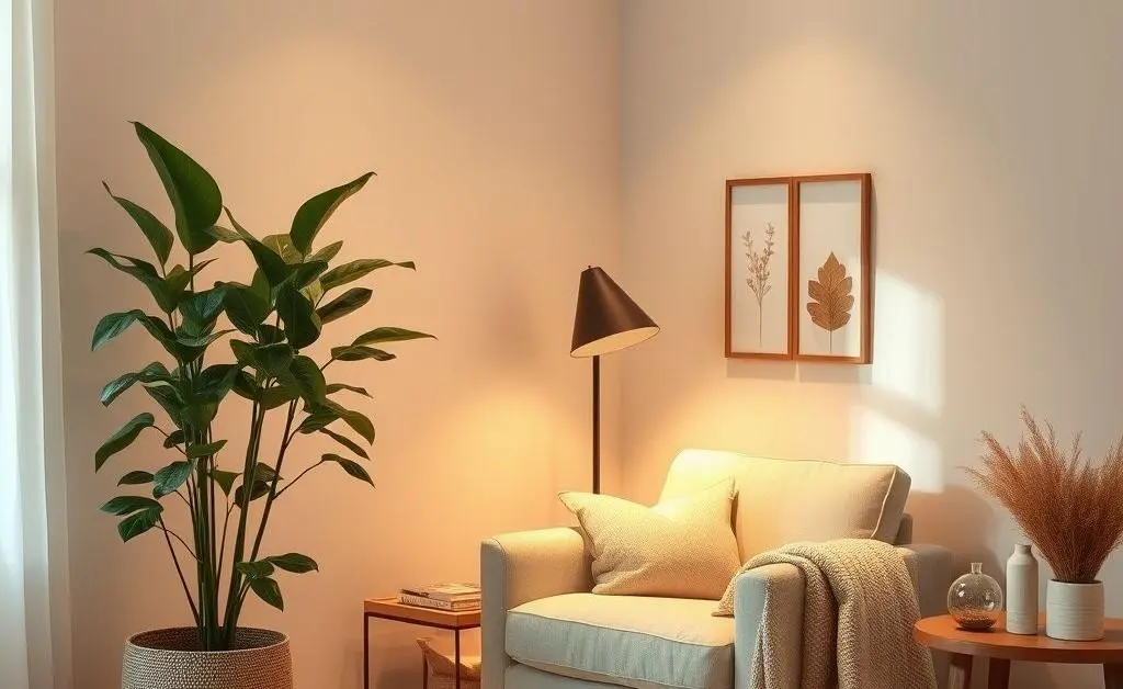A corner of a room dedicated to relaxation, including a plant and a comfortable chair.