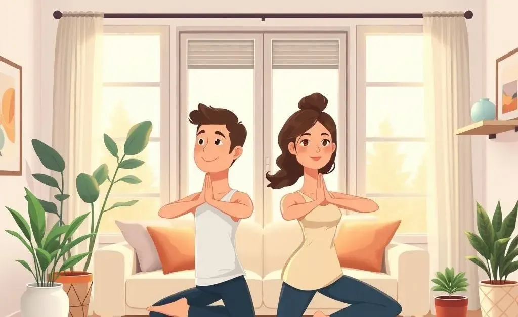 A couple doing yoga together in a calming atmosphere