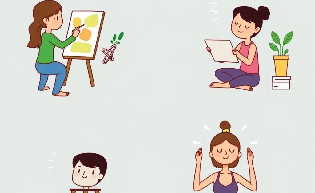 Cartoon-style image showing various stress-relief hobbies like painting and yoga