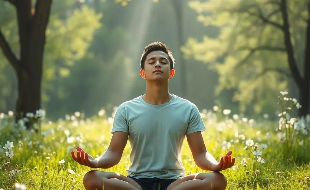 A peaceful setting with a person meditating for stress relief.