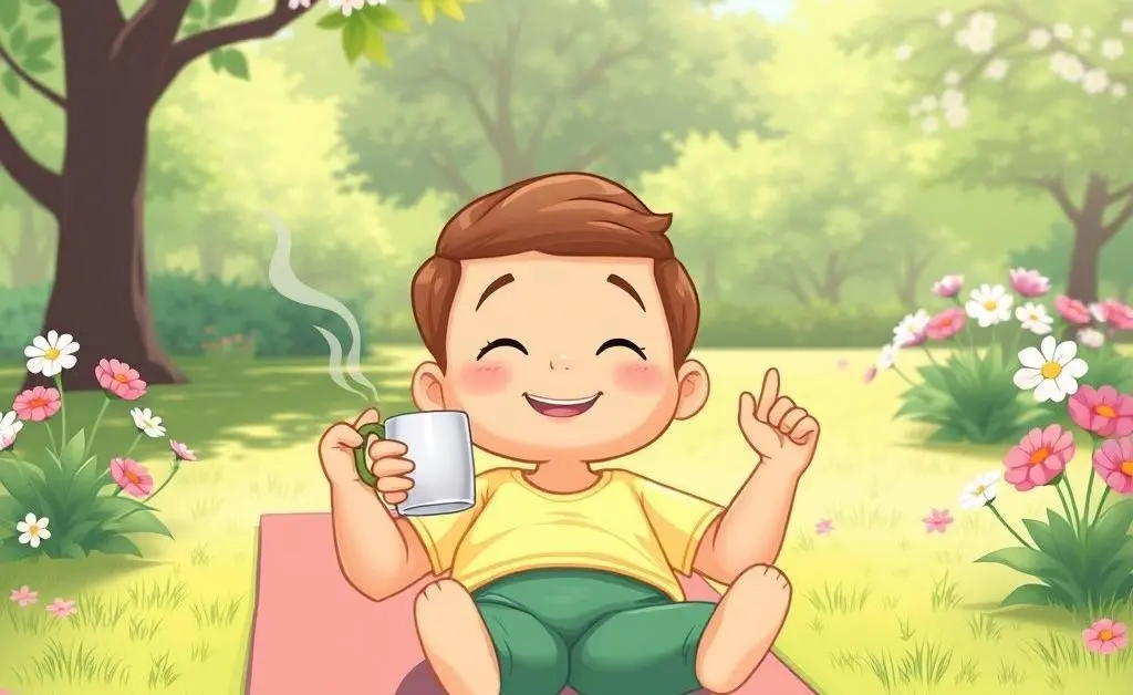 A cartoon person relaxing with a yoga mat and coffee cup, to suggest stress relief