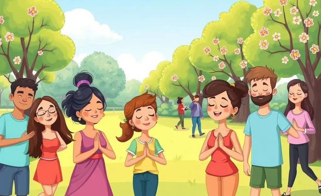 Cartoon showing stress-relief techniques like deep breathing and walking