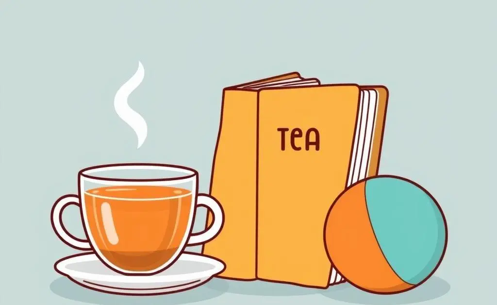 Illustration of stress management tools like tea, a book, and a stress ball.