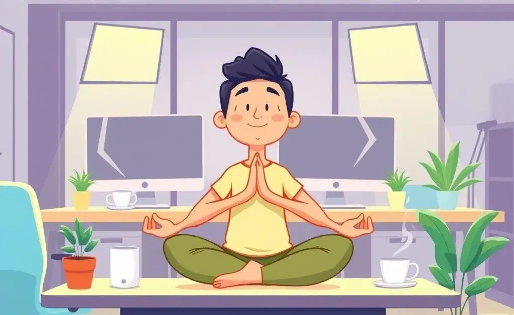 Cartoon character doing yoga in an office setting for stress relief.
