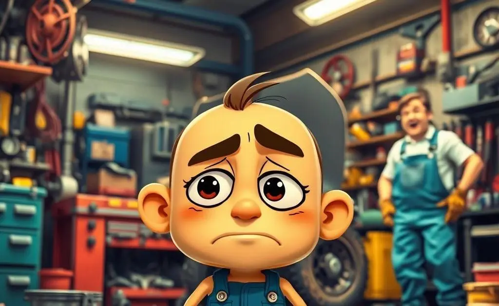 A cartoon character looking stressed at a repair shop with a mechanic in the background.