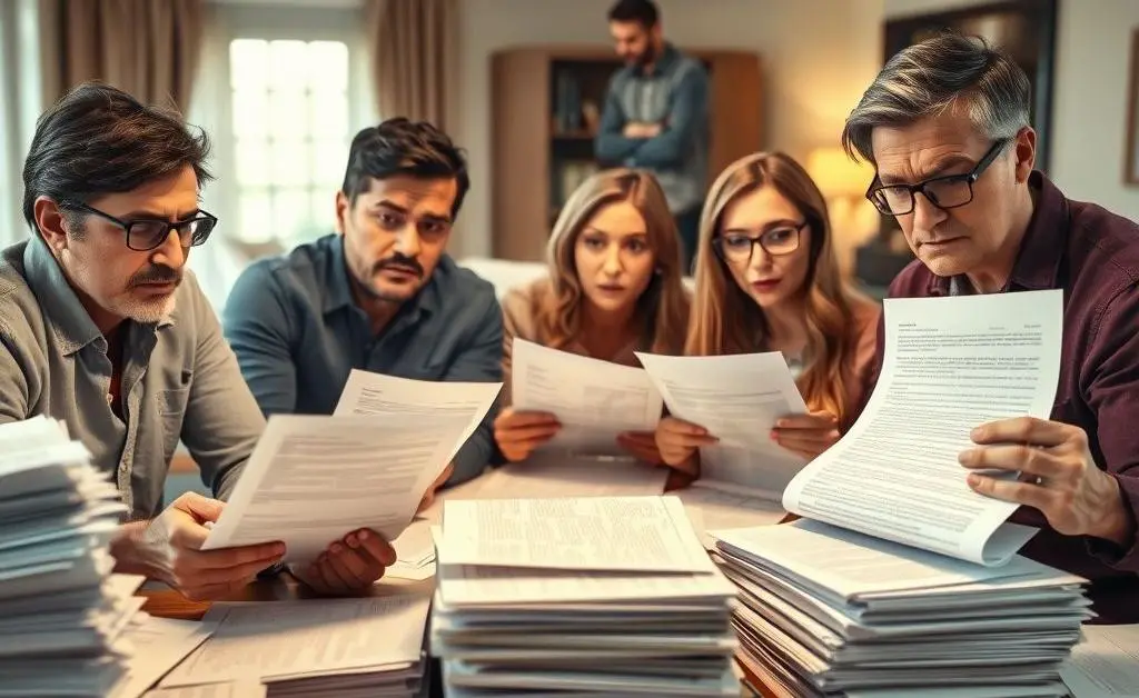 Homeowners looking stressed while reviewing long legal documents