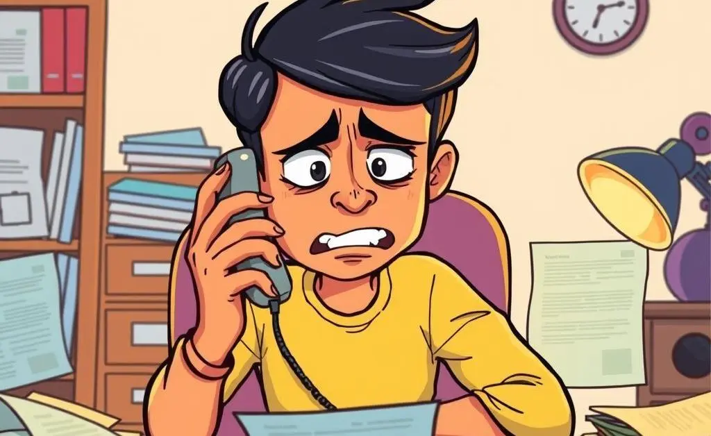 A cartoon-style image of a person looking stressed while making a phone call, with health insurance papers around them.