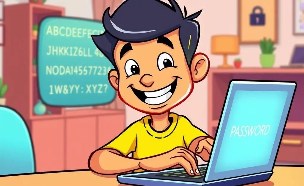 A cartoon showing a character creating a strong password on a laptop.