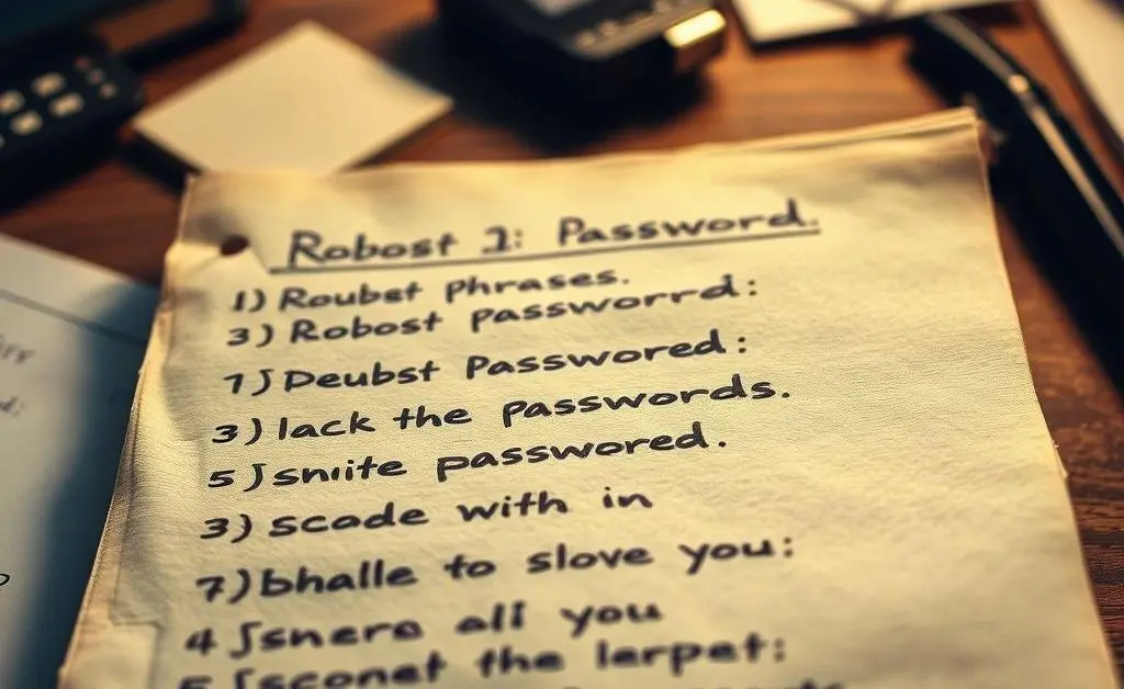 A handwritten list of strong passwords and phrases on a notepad
