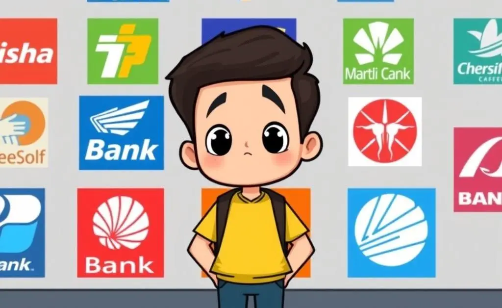 Student pondering bank options with symbols of banks around