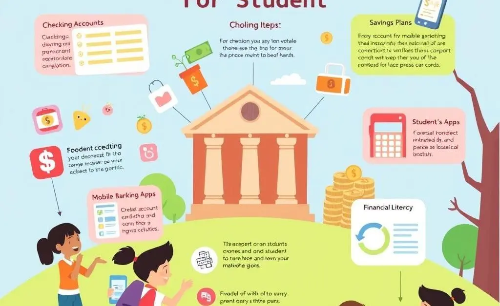 Cartoon-style infographic showing different banking options for students.
