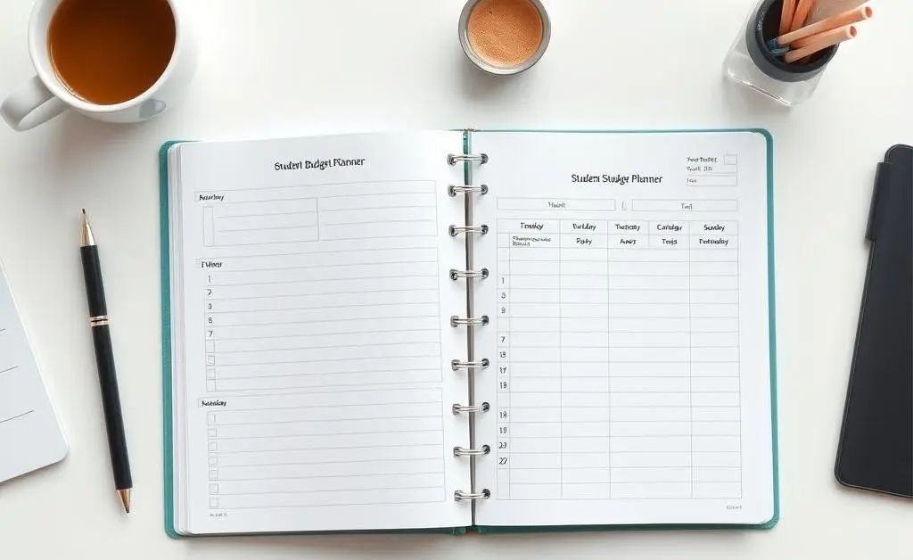 A desk with a student budget planner, coffee cup, and stationery