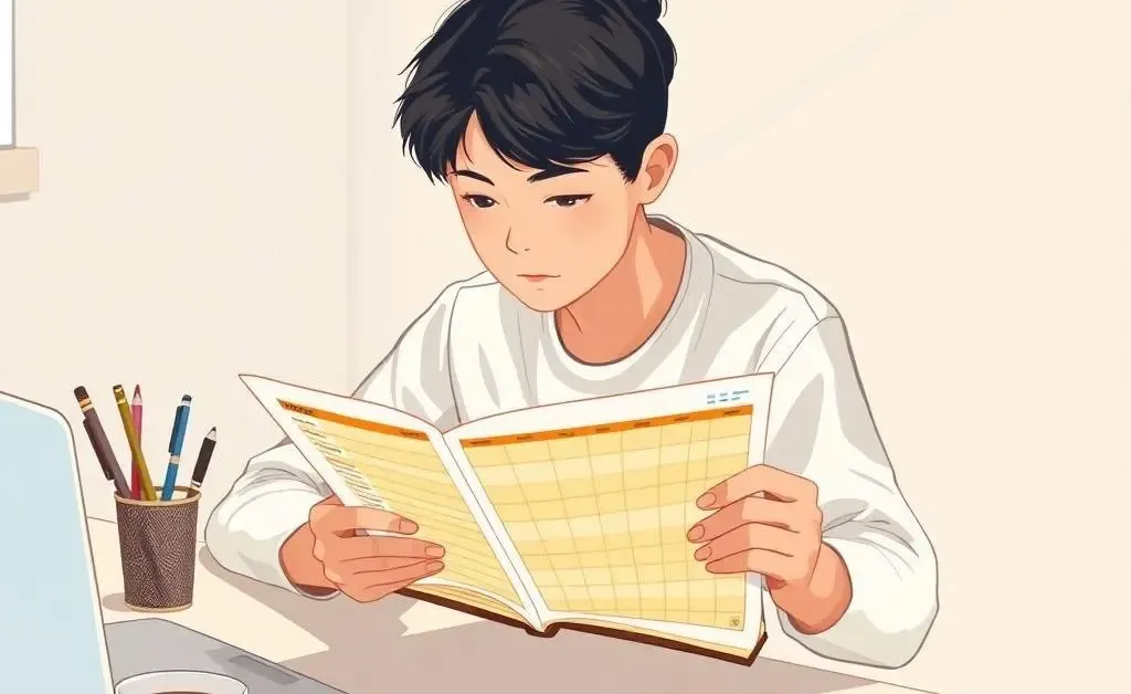 A student using a budget planner on an organized desk.