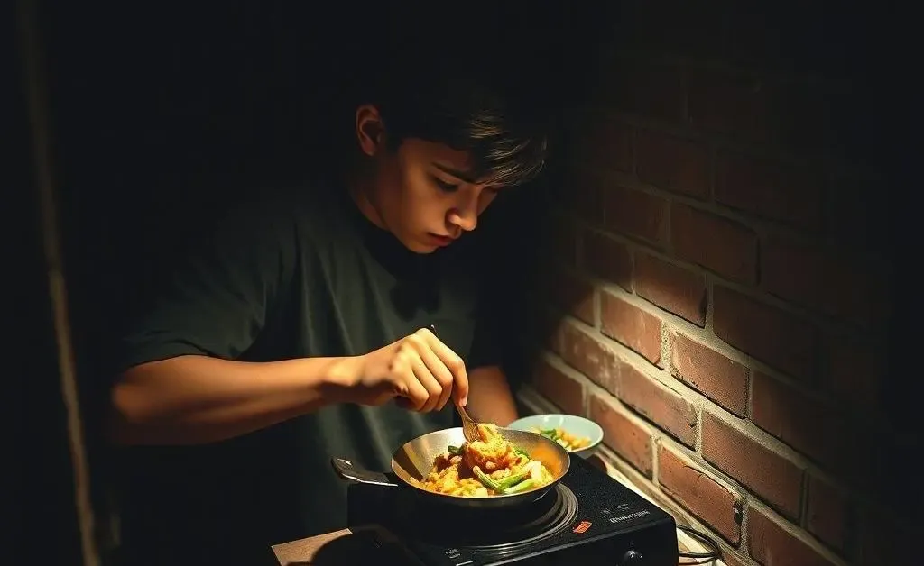 A student cooking a quick meal on a hot plate in a small basement area.