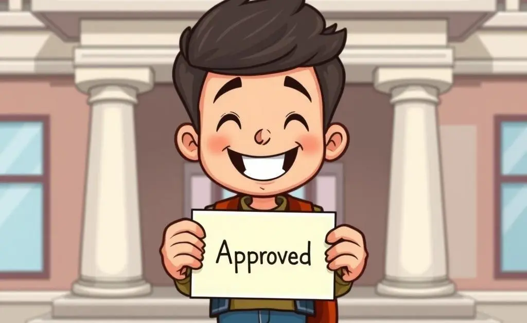 Cheerful student with 'Approved' card in front of a bank building