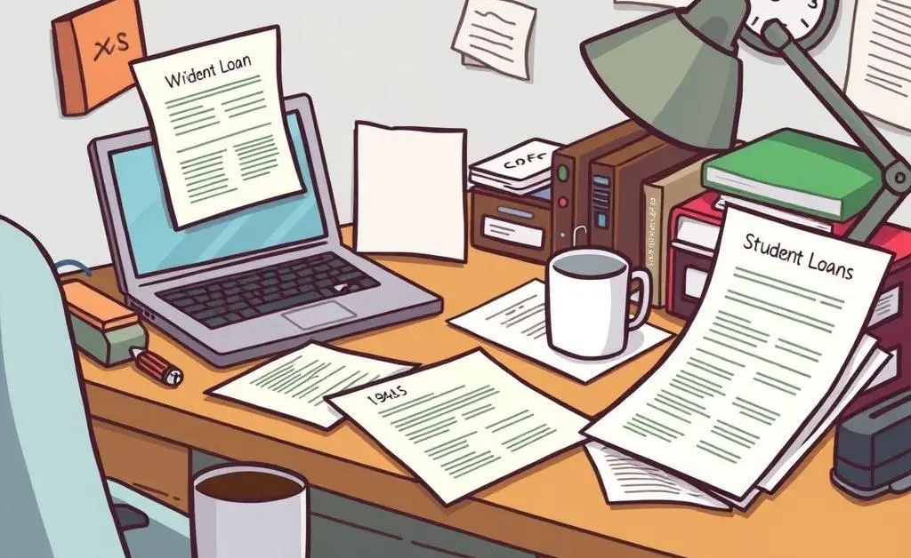 A desk with student loan papers, a laptop, and a coffee mug.