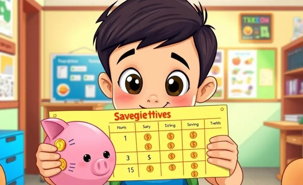 A student looking at a chart of savings goals with coins and a piggy bank.