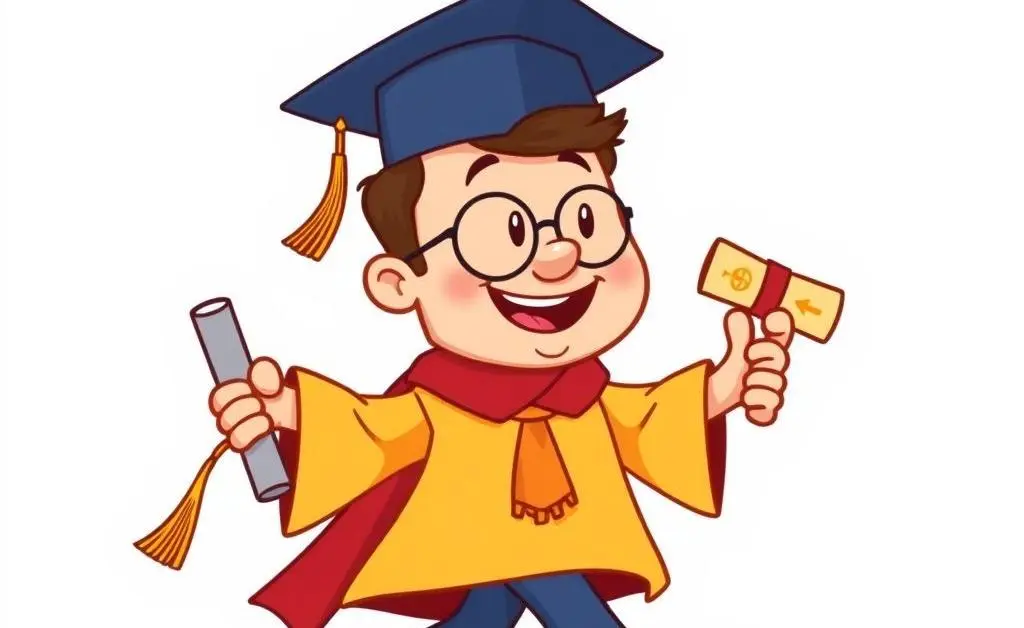 Hopeful cartoon student walking towards future with dollar signs.