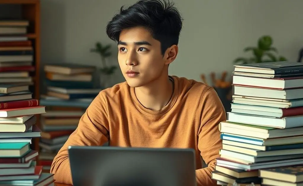 A student with a pile of books, a computer, and a focused yet relaxed expression, representing balanced study