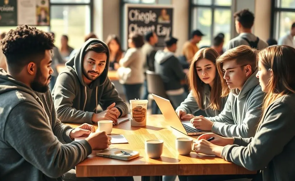 Group of students discussing their financial debt at a campus café.