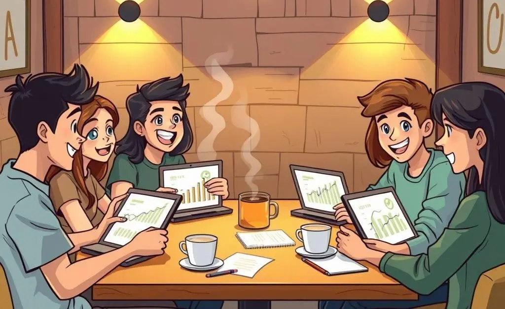 Cartoon of students sitting at a coffee shop table, discussing financial options, with laptops and coffee cups.