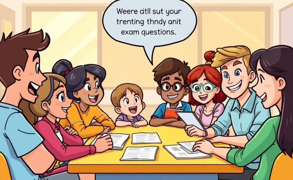 Group of people discussing insurance exam questions