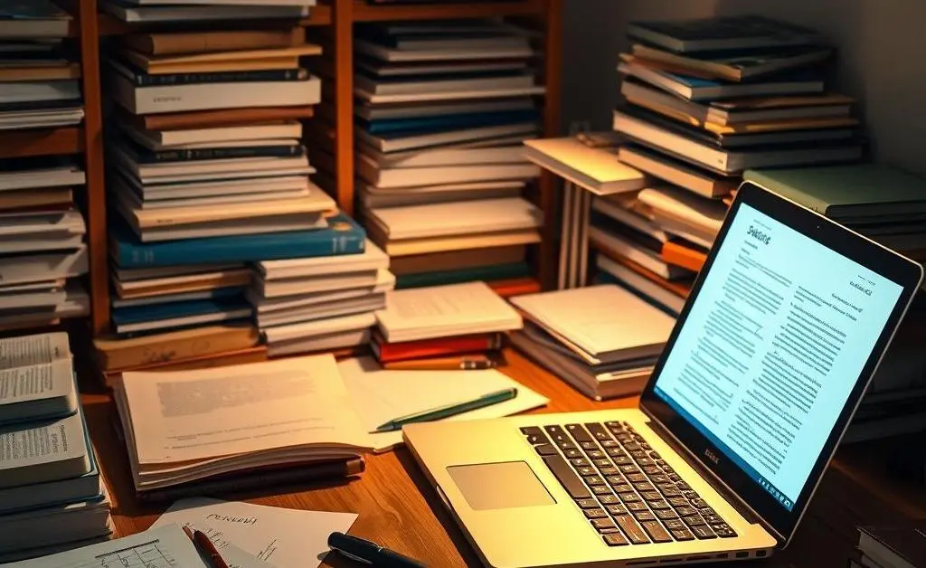 A desk filled with study materials, books, and a laptop, symbolizing preparation for exams.