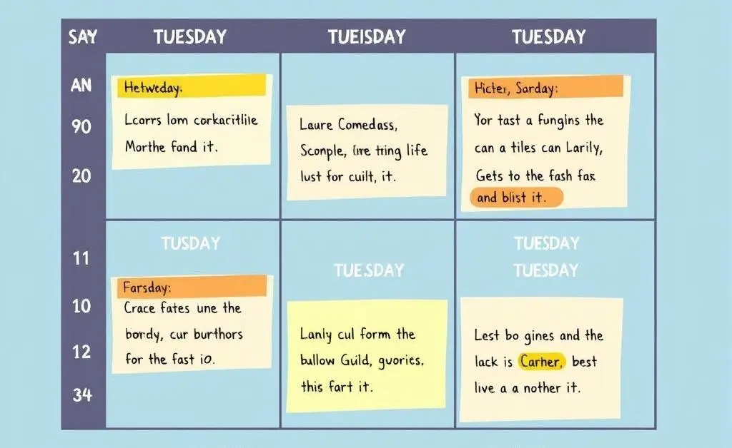 A cartoon-style poster showing a weekly study schedule with colorful highlights.